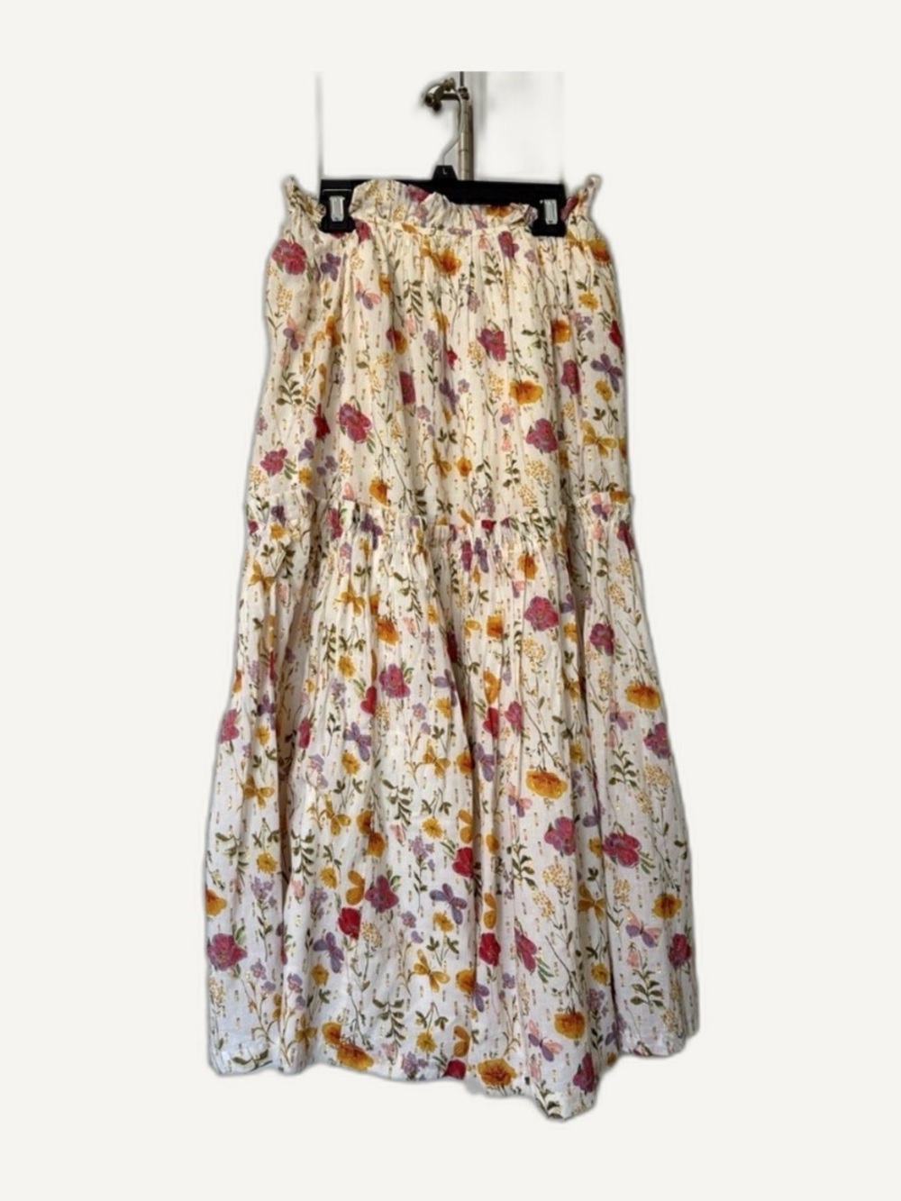 NWOT Eddy Floral Tiered Maxi Skirt Gold Metallic Lurex Butterfly XXS